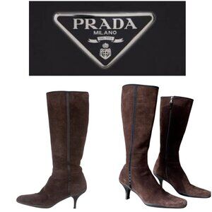 PRADA BROWN SUEDE HEELED BOOTS - EU 38.5/US 8